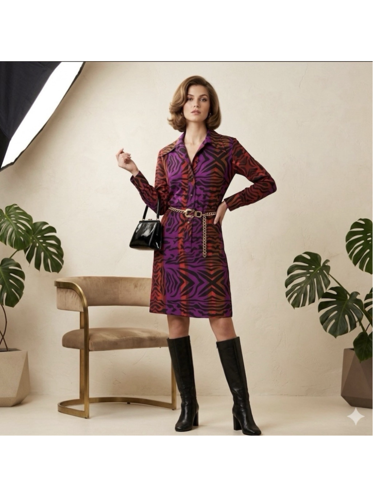 Vintage 1970s Lanvin Paris New York Abstract Print Shirt Dress Sz 8